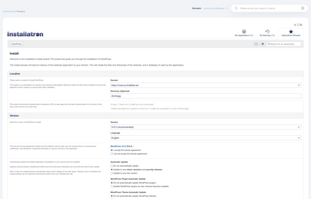 Wordpress nu installerat och klart på din hemsida